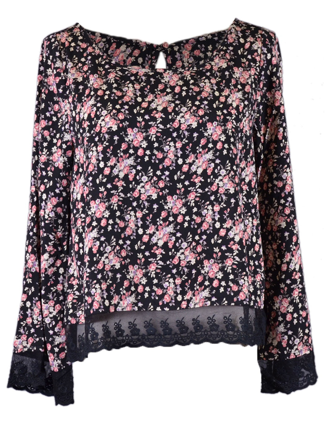 Blusa de escote redondo tejida con mangas acampanadas, dobladillo de encaje de malla y estampado floral En Creme Sophia