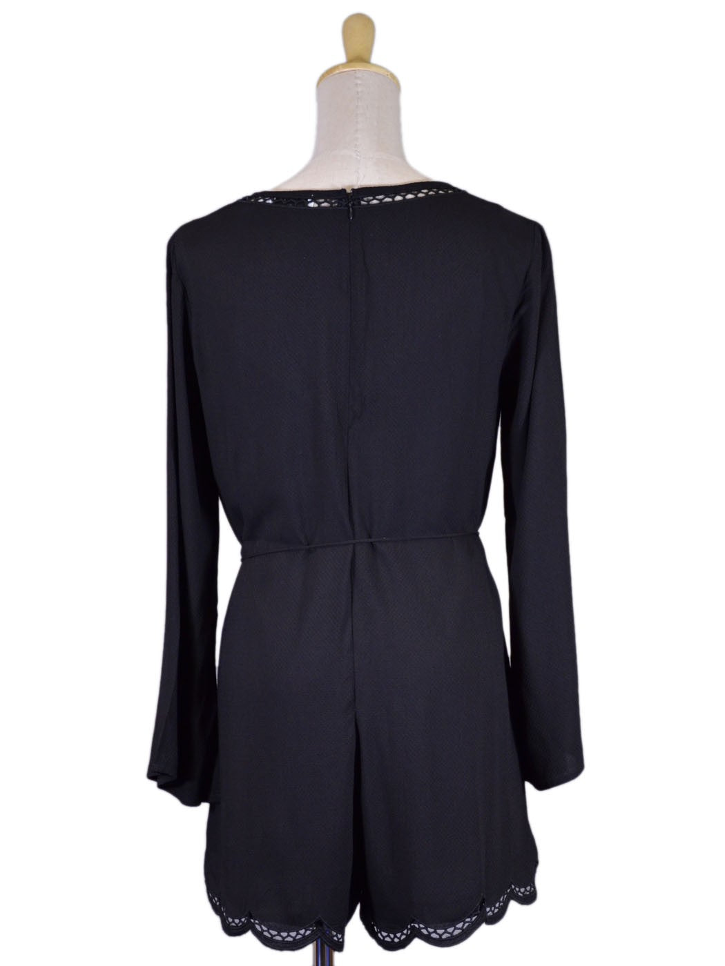Lush Simply Sophisticated Long Sleeves V-Neck Embroidered Scallop Hem Romper