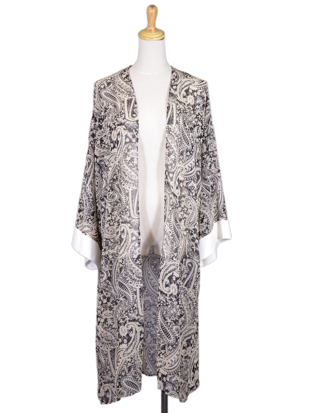 Audrey 3+1 Heavenly Paisley Print Open Front Cuff Sleeves Chiffon Long Kimono