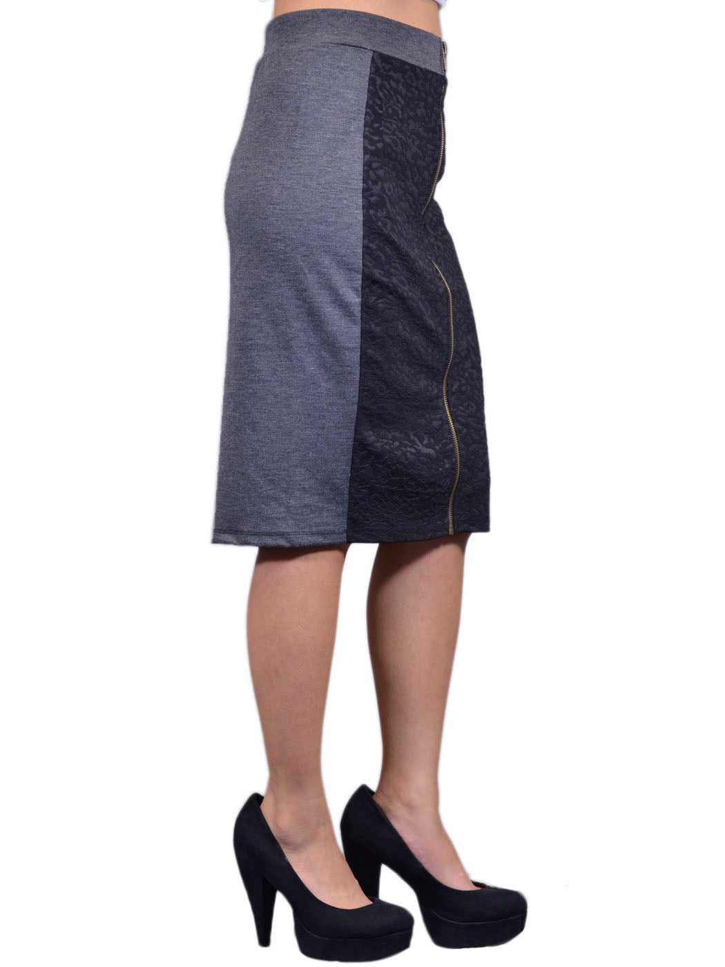 Tresics Brand Black and Grey Leopard Print Panels Exposed Zip Skirt