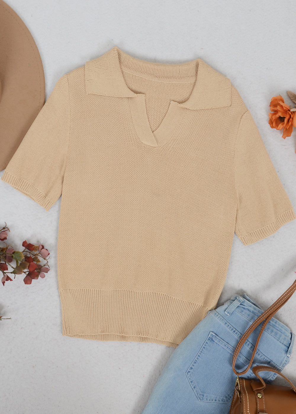 V Neck Knit Collared Shirt