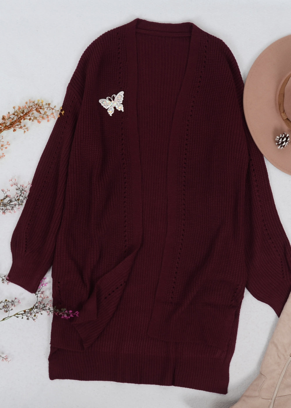 Solid Color Eyelet Detail Cardigan
