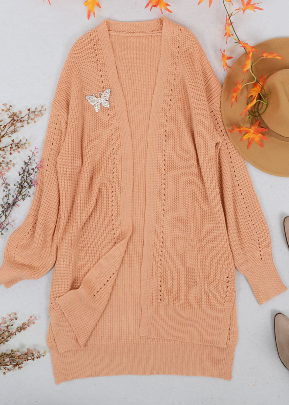 Solid Color Eyelet Detail Cardigan