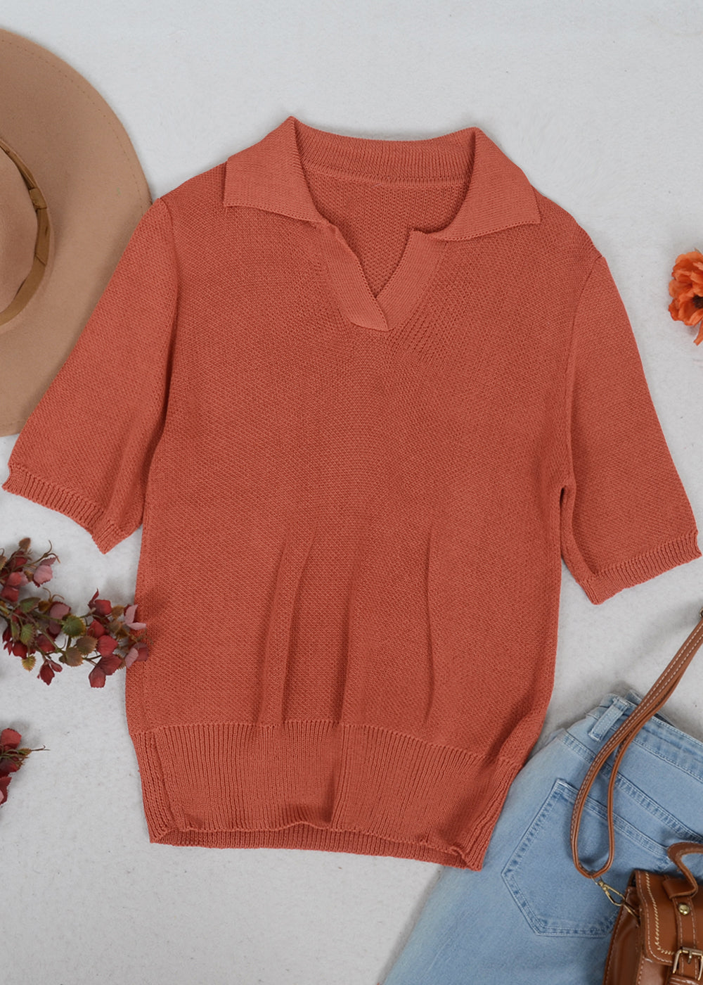 V Neck Knit Collared Shirt