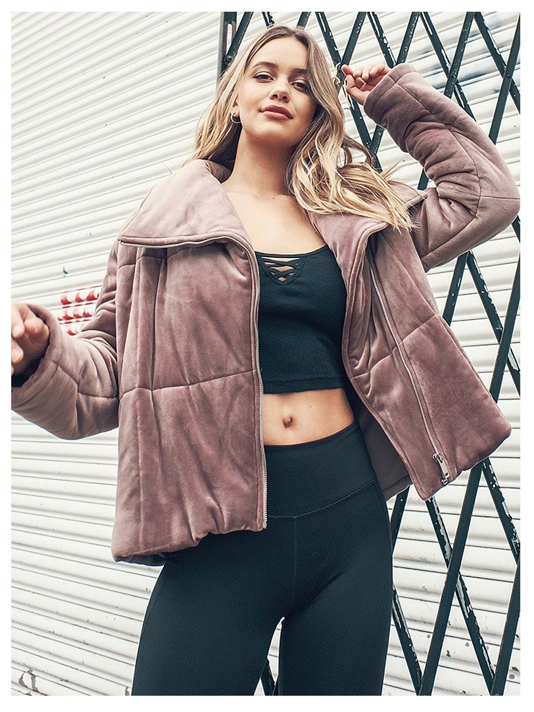 Velvet Zip Up Puffer Jacket