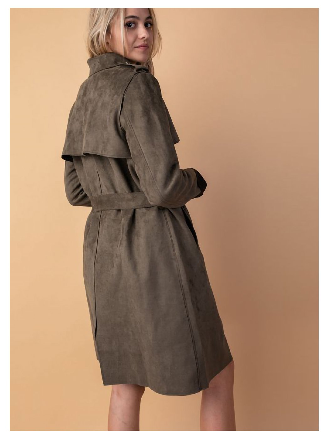Vegan Leather Suede Belted Trench Coat