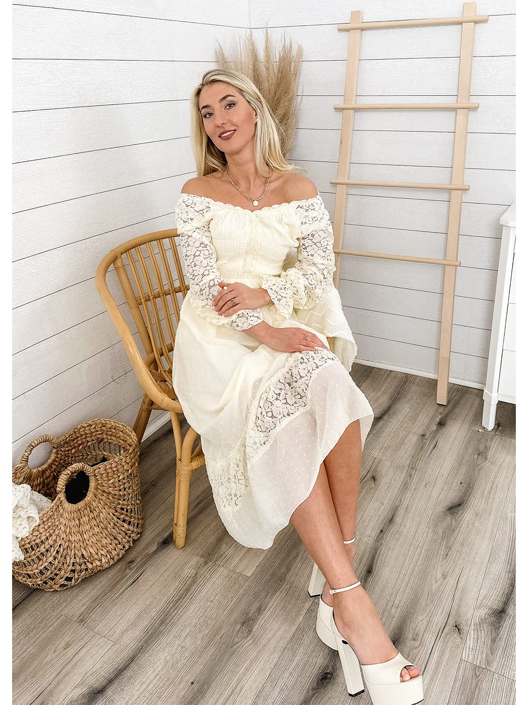 Vestido largo de otoño con escote en V y manga larga con encaje para mujer