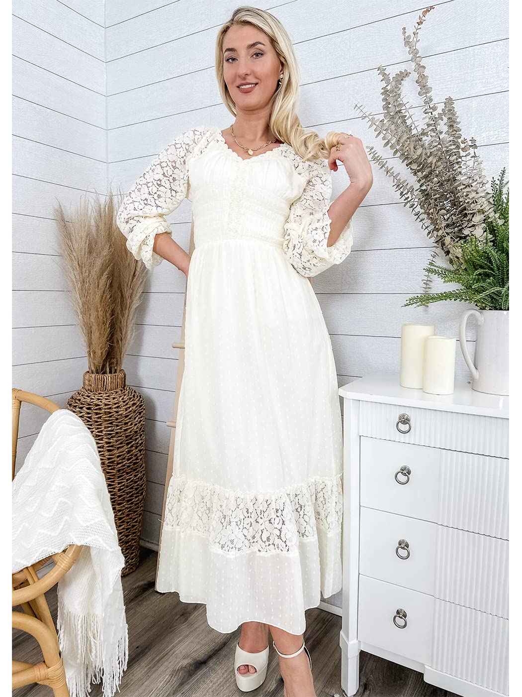 Vestido largo de otoño con escote en V y manga larga con encaje para mujer