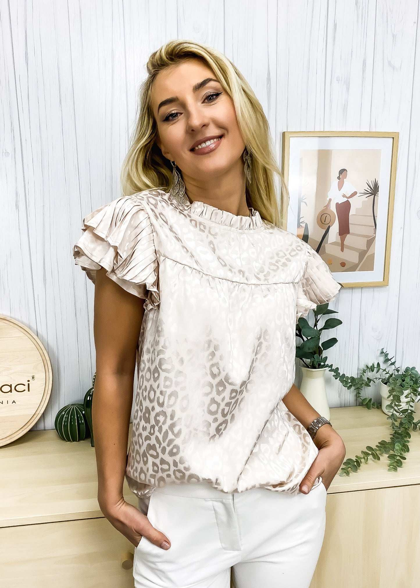 Leopard Print Ruffle Neck Blouse