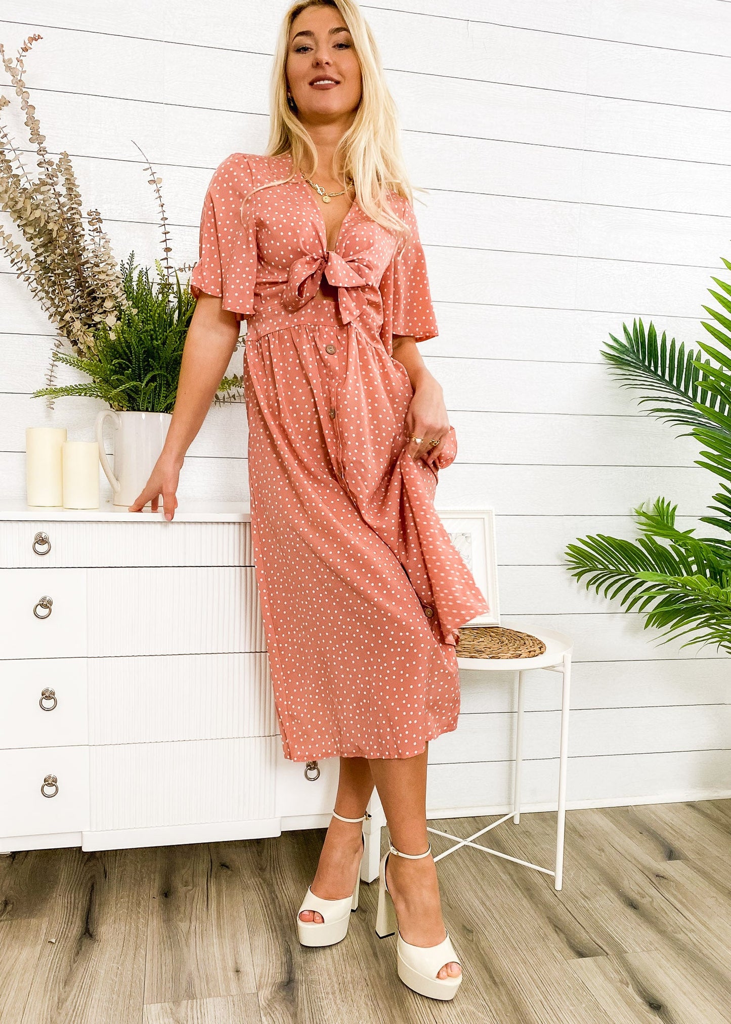 Tie Front Button Bow Tie Detail Dress