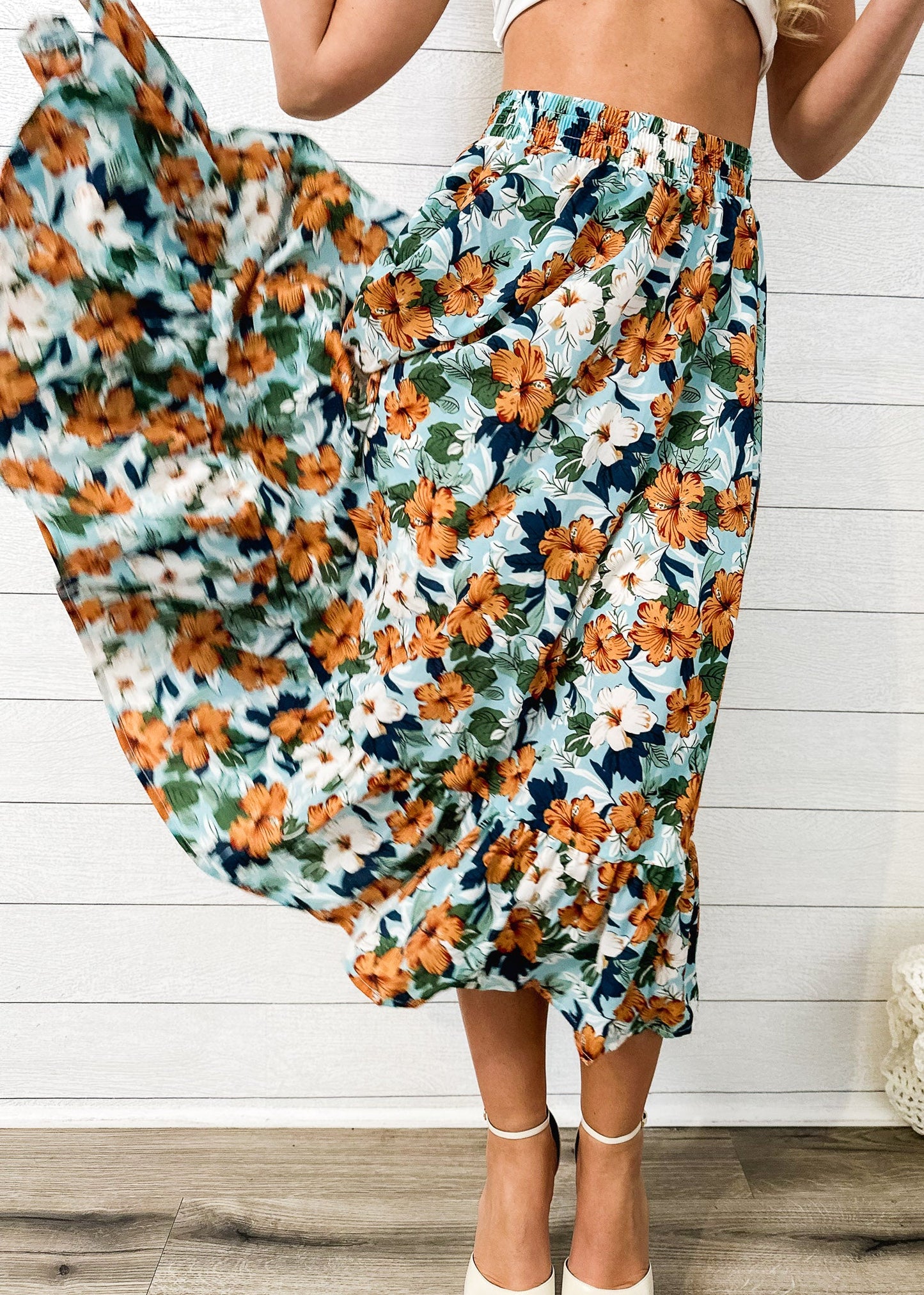 Gartered Floral Print Midi Skirt
