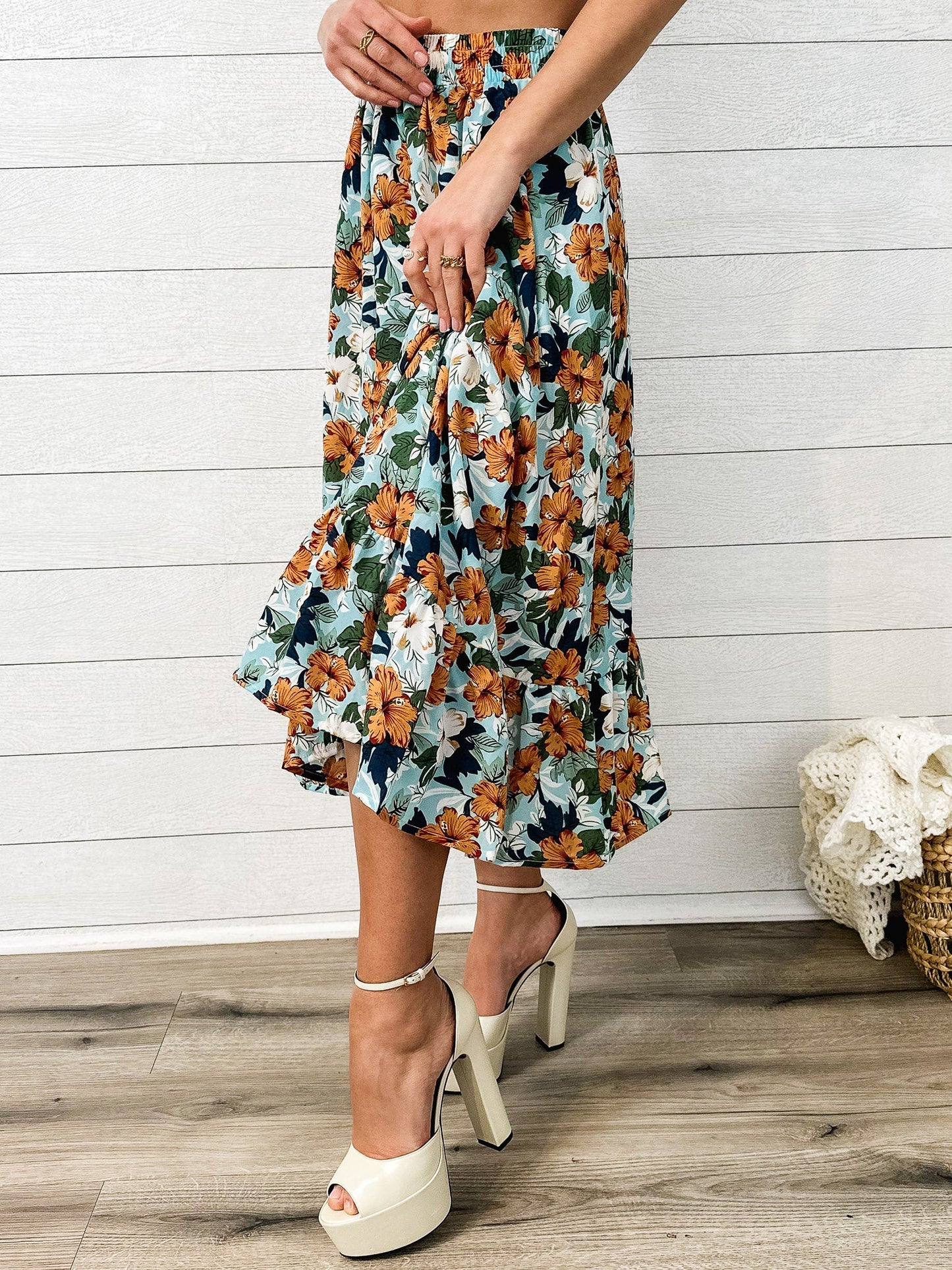 Gartered Floral Print Midi Skirt