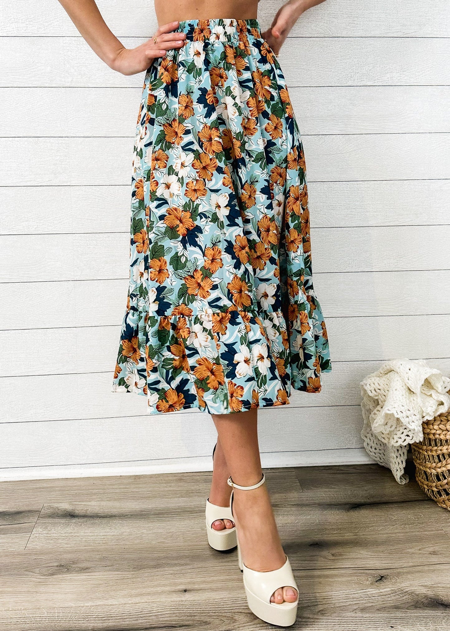 Gartered Floral Print Midi Skirt
