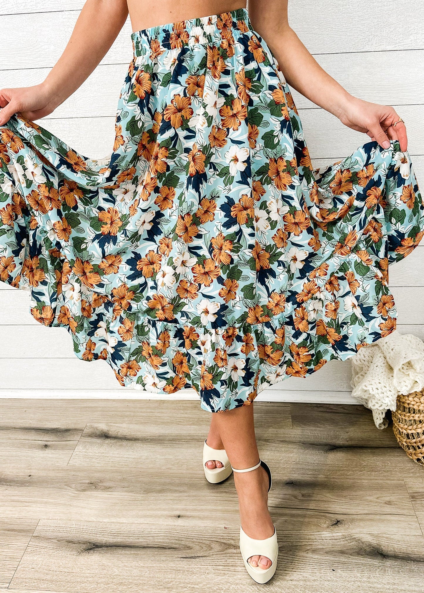 Gartered Floral Print Midi Skirt