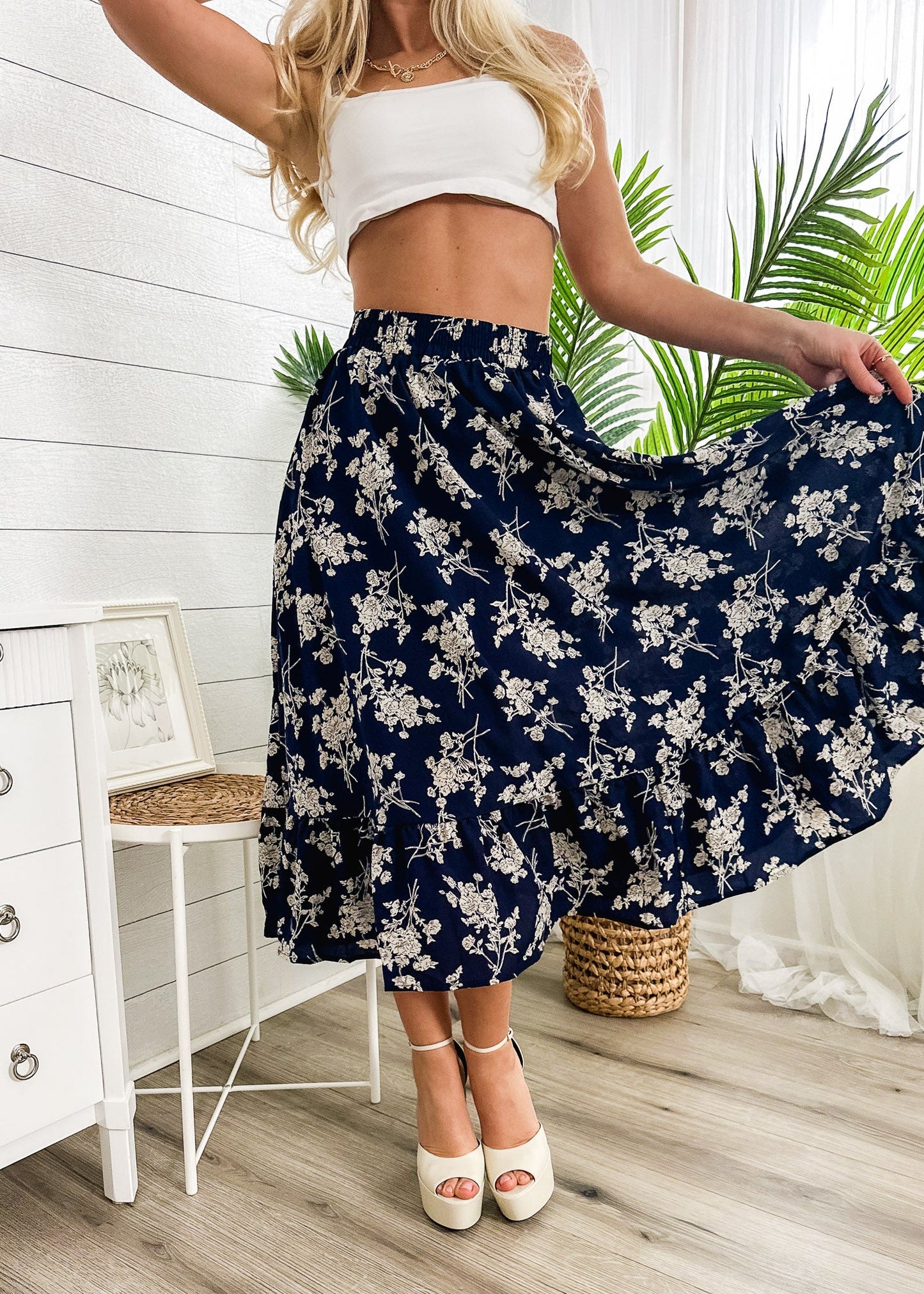 Gartered Floral Print Midi Skirt