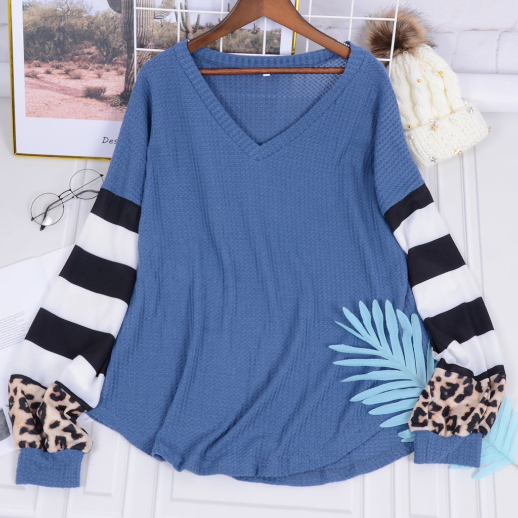 Striped and Leopard Pattern Contrast Sweater