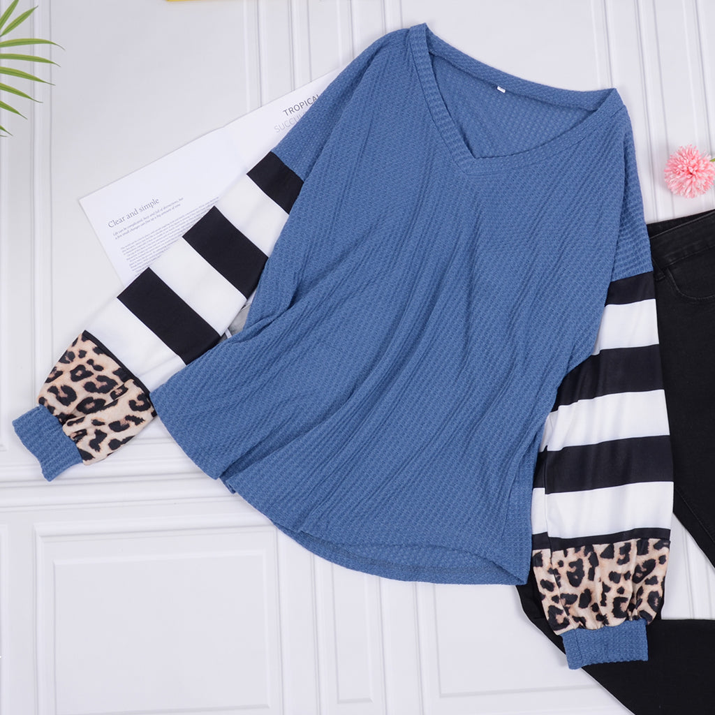 Striped and Leopard Pattern Contrast Sweater