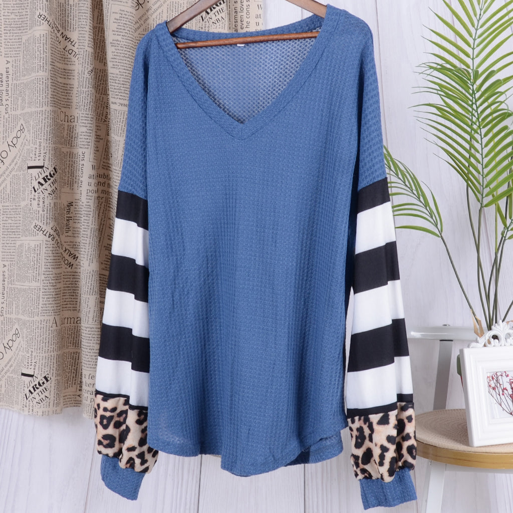 Striped and Leopard Pattern Contrast Sweater