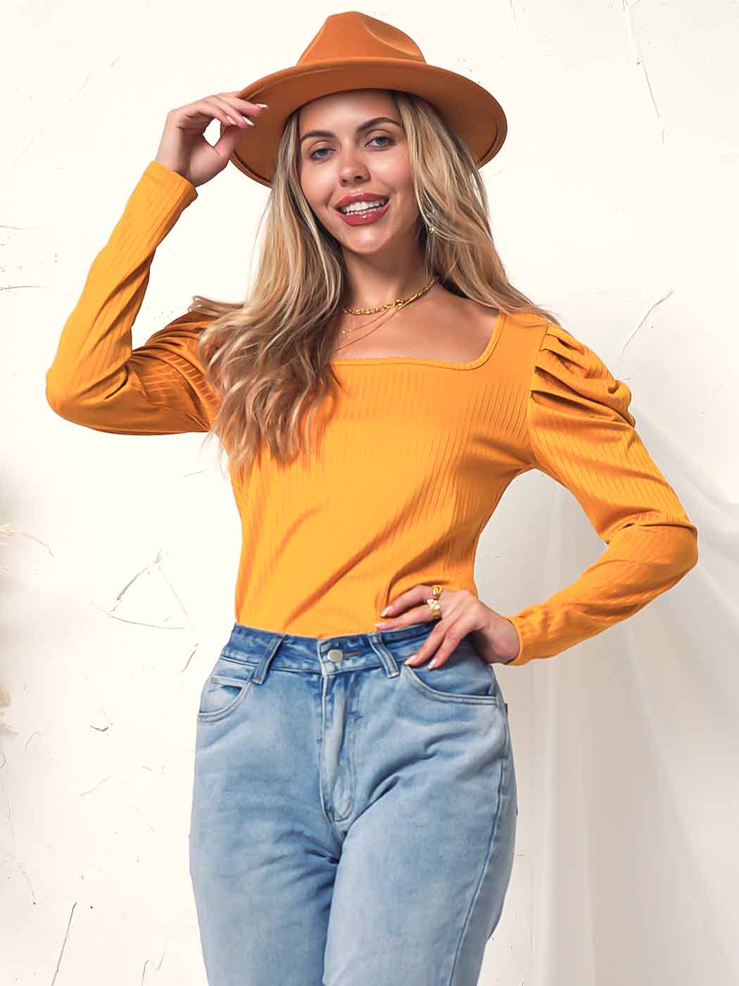 Blusa con escote cuadrado y mangas gigot