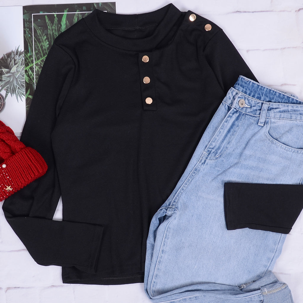 Choker Neck Contrast Button Sweater