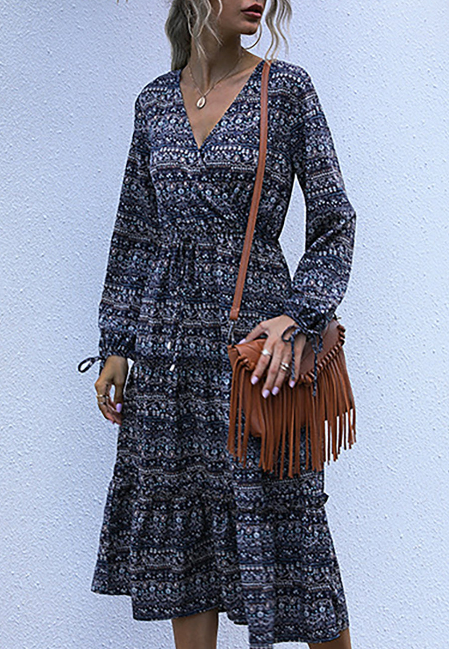 Vestido largo bohemio de manga larga con volantes