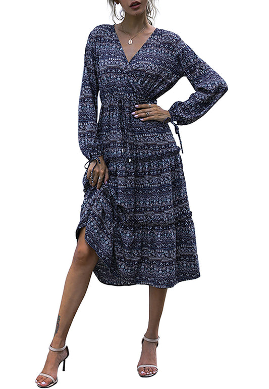 Vestido largo bohemio de manga larga con volantes