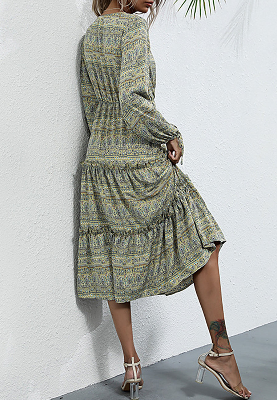 Vestido largo bohemio de manga larga con volantes