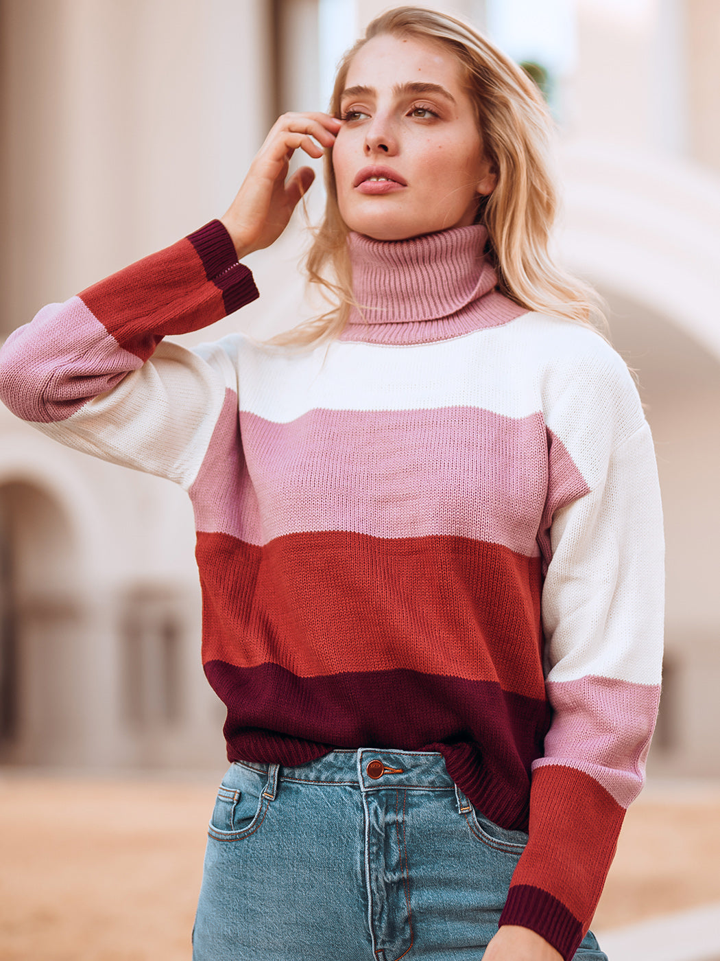 Color Block Turtleneck Cozy Sweater