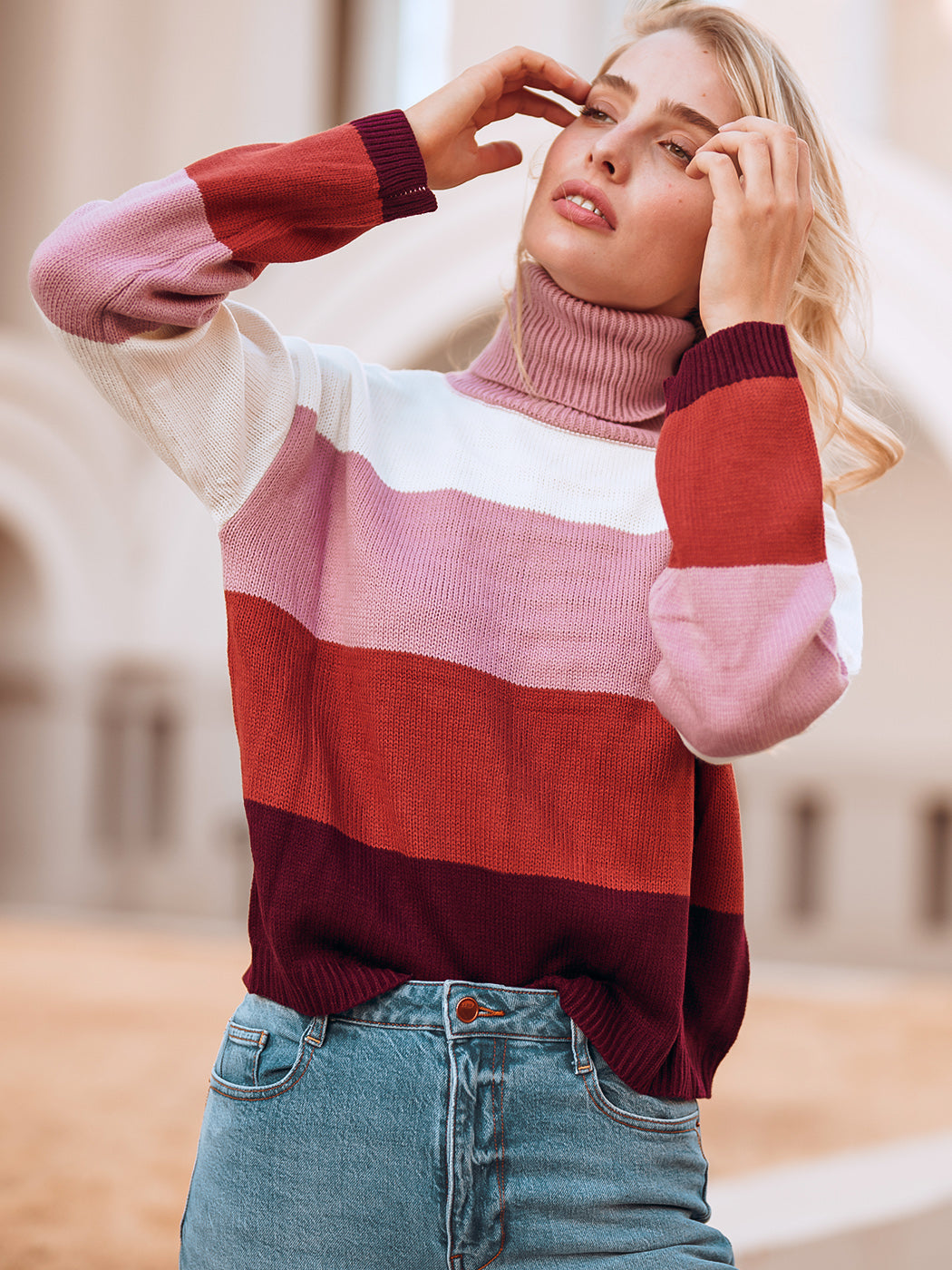 Color Block Turtleneck Cozy Sweater