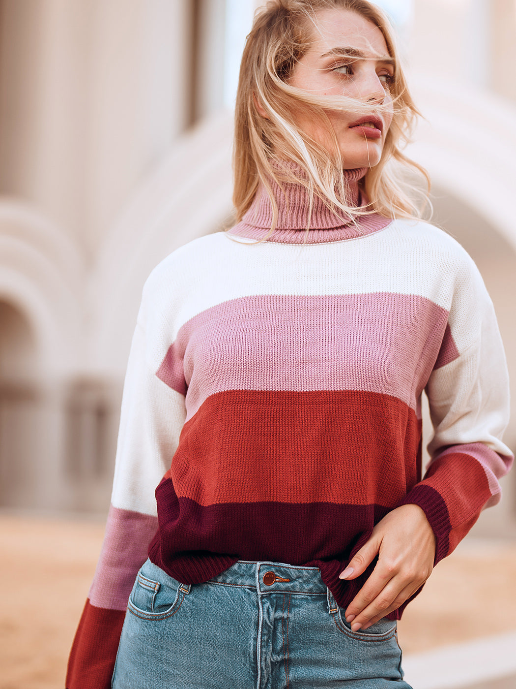 Color Block Turtleneck Cozy Sweater