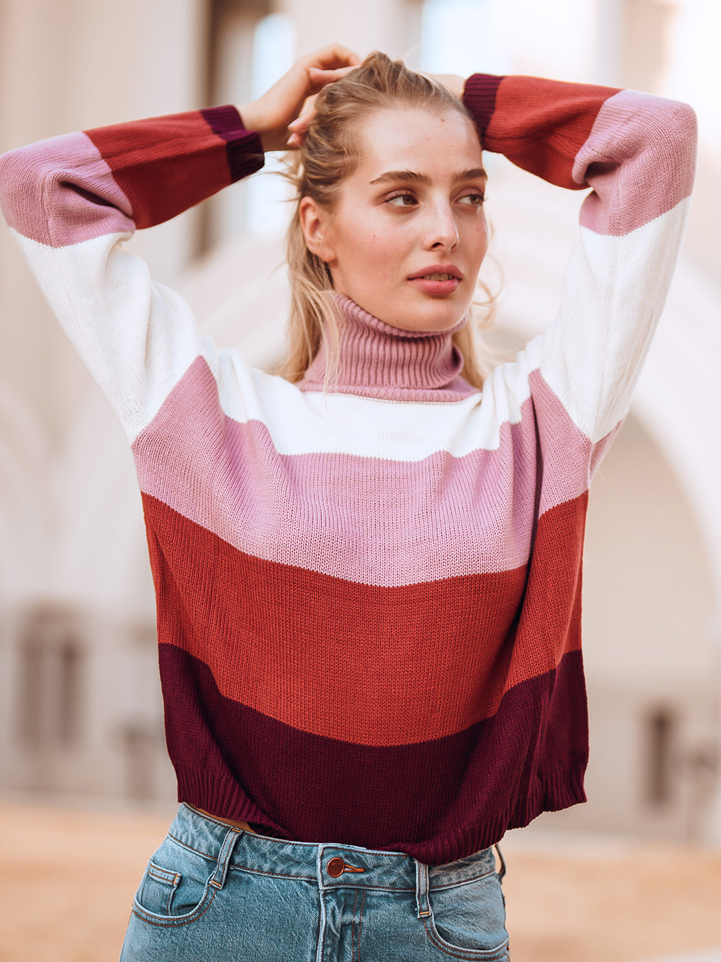 Color Block Turtleneck Cozy Sweater