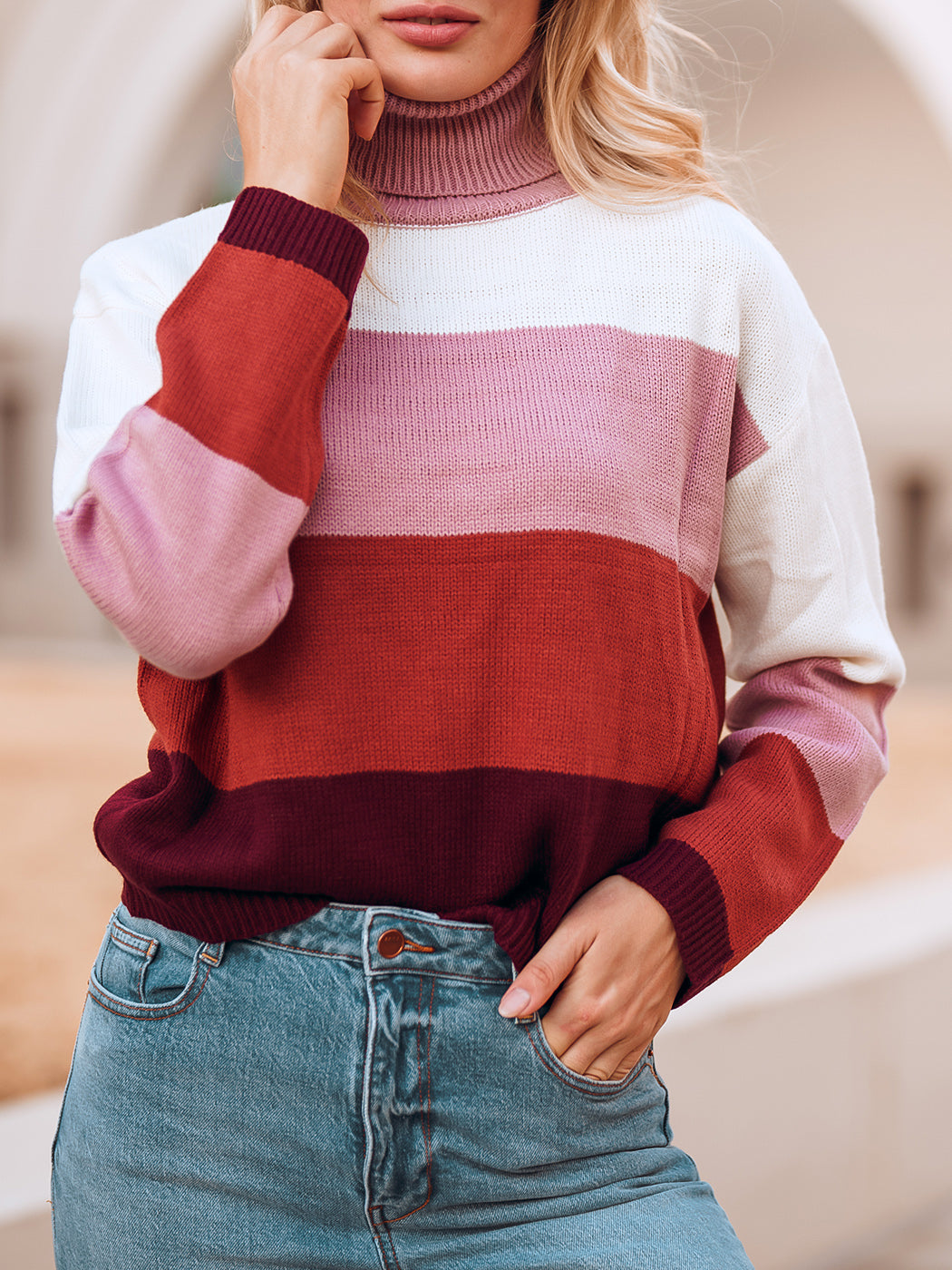 Color Block Turtleneck Cozy Sweater