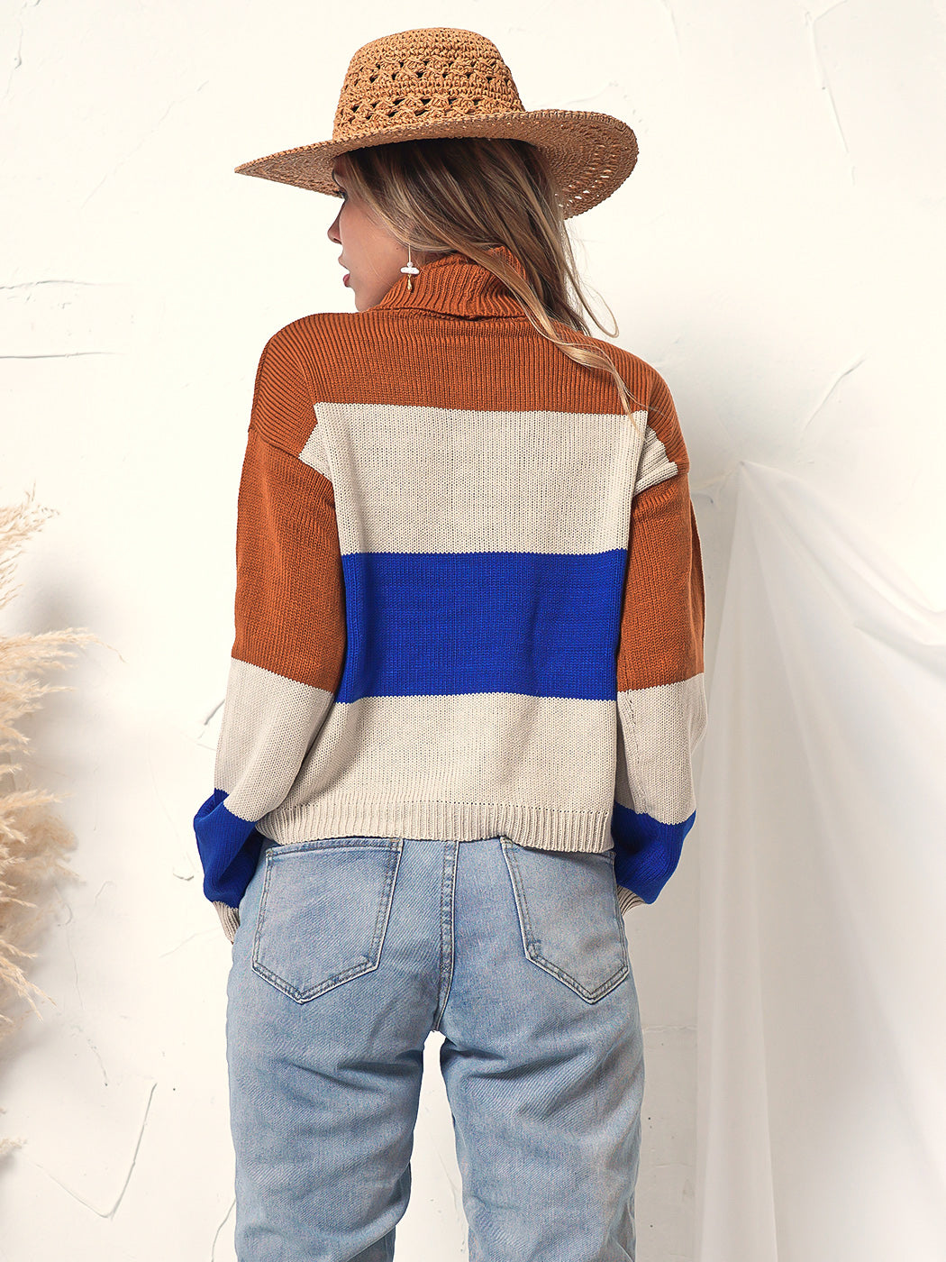 Color Block Turtleneck Cozy Sweater