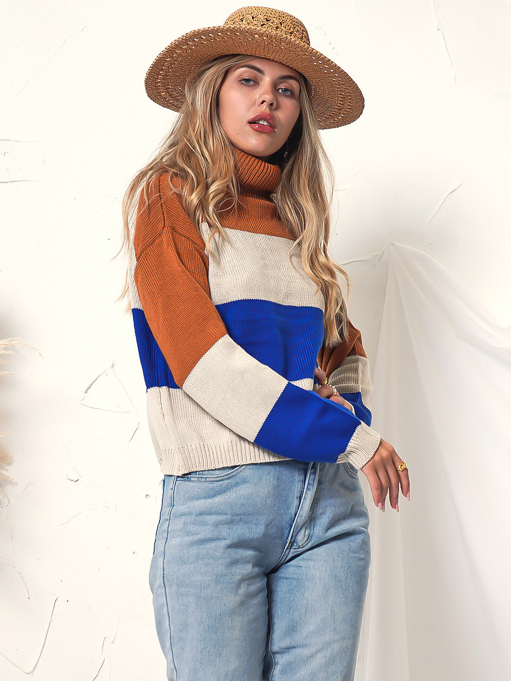 Color Block Turtleneck Cozy Sweater