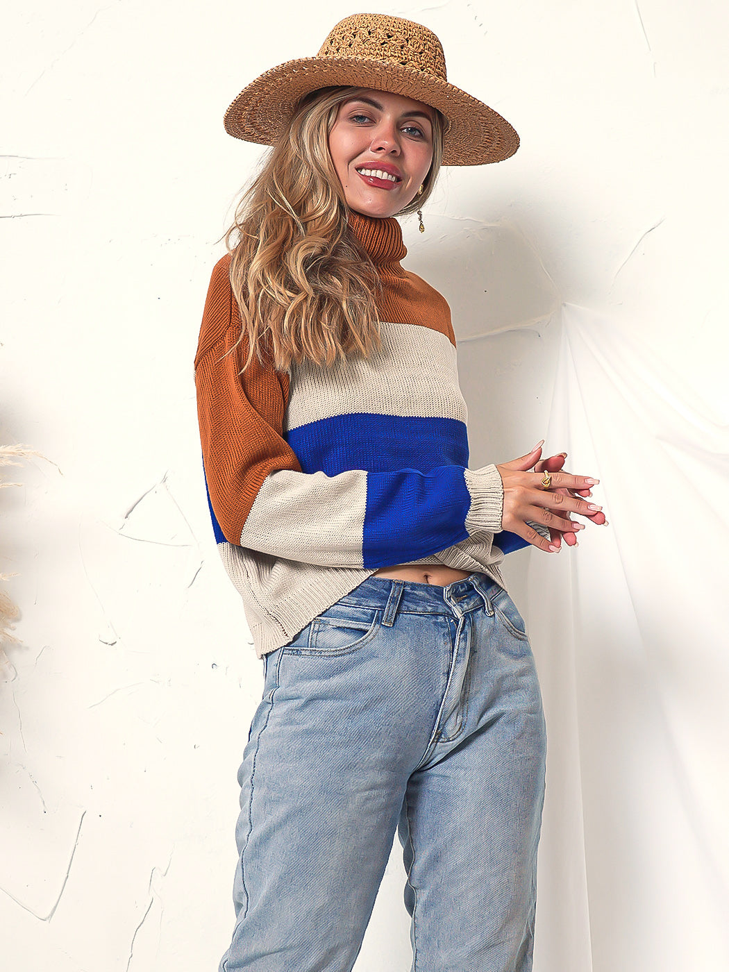 Color Block Turtleneck Cozy Sweater