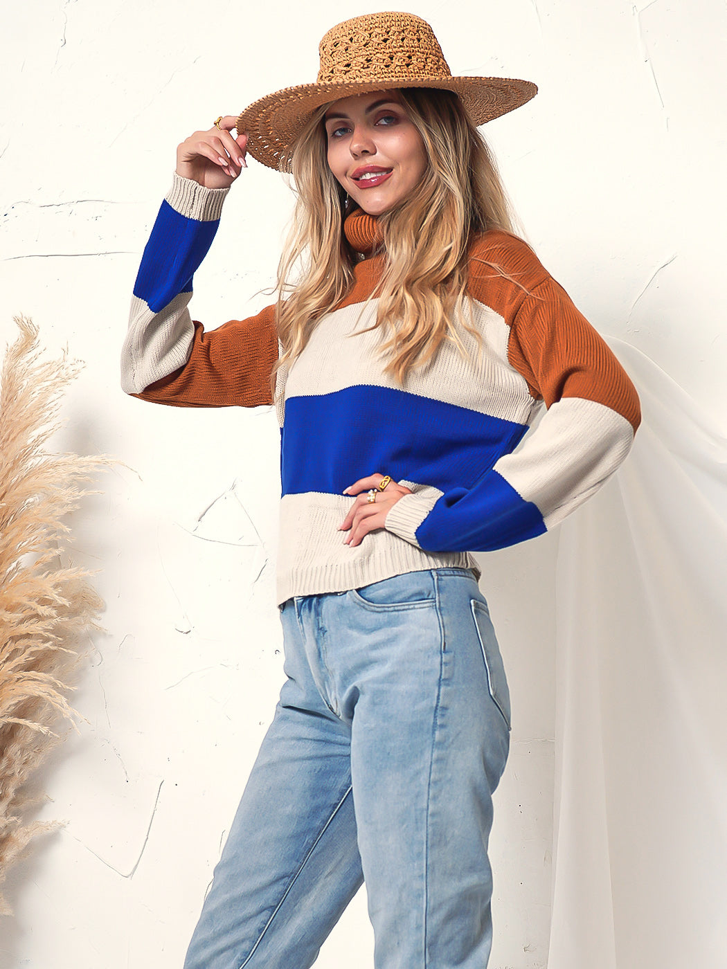 Color Block Turtleneck Cozy Sweater
