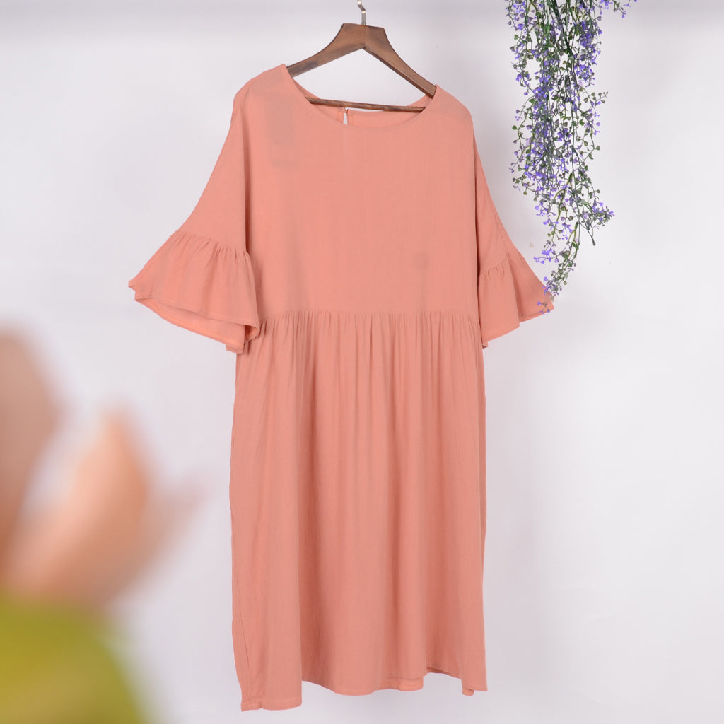 Anna-Kaci Women's Short Sleeve Loose Fit Midi Dress with Ruffle Detail and Side Pockets