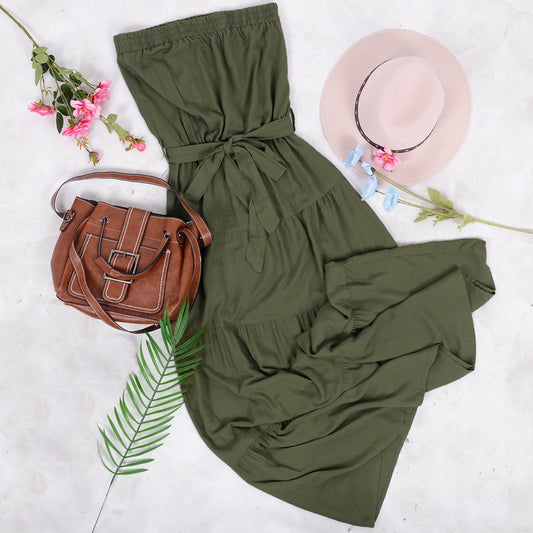 Vestido largo de primavera sin tirantes y con lazo