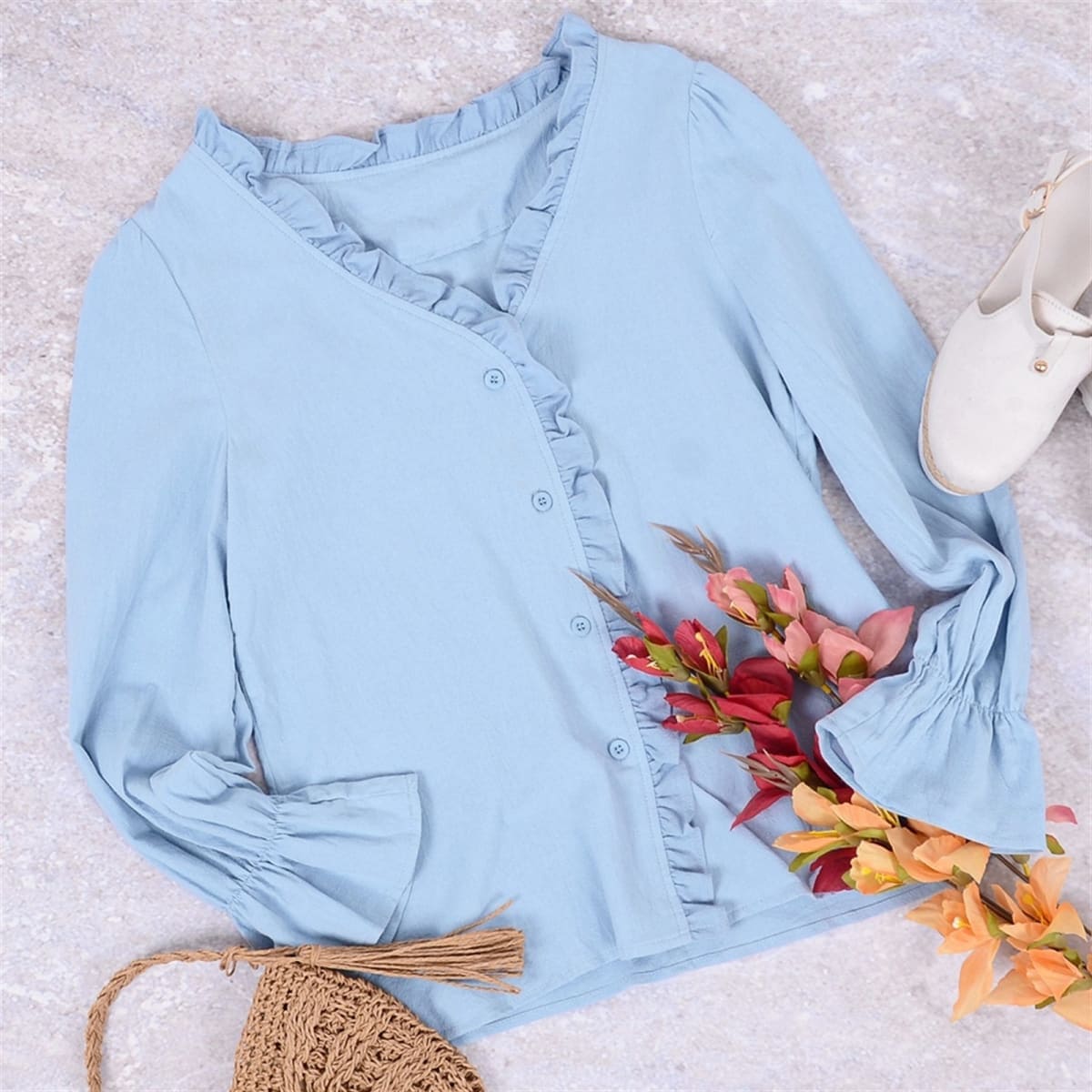 Ruffle Trim Button Down Blouse