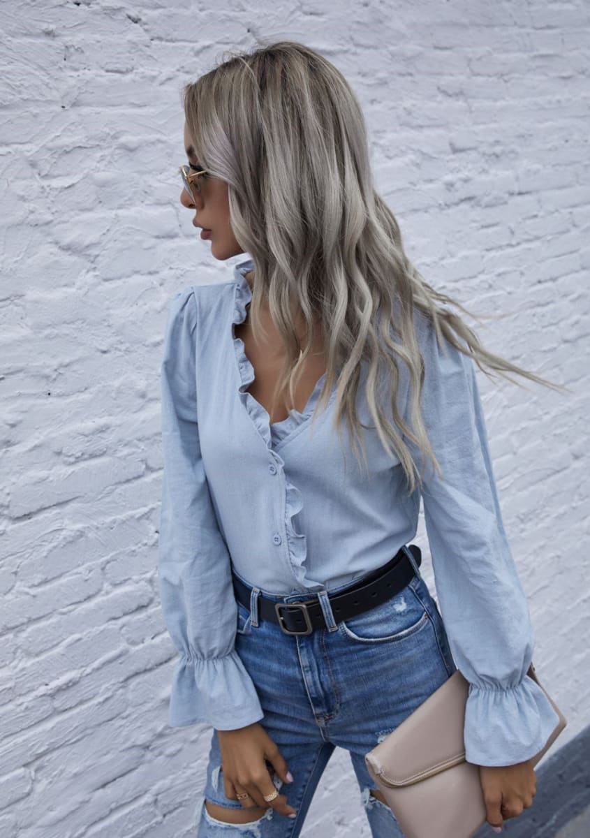 Ruffle Trim Button Down Blouse