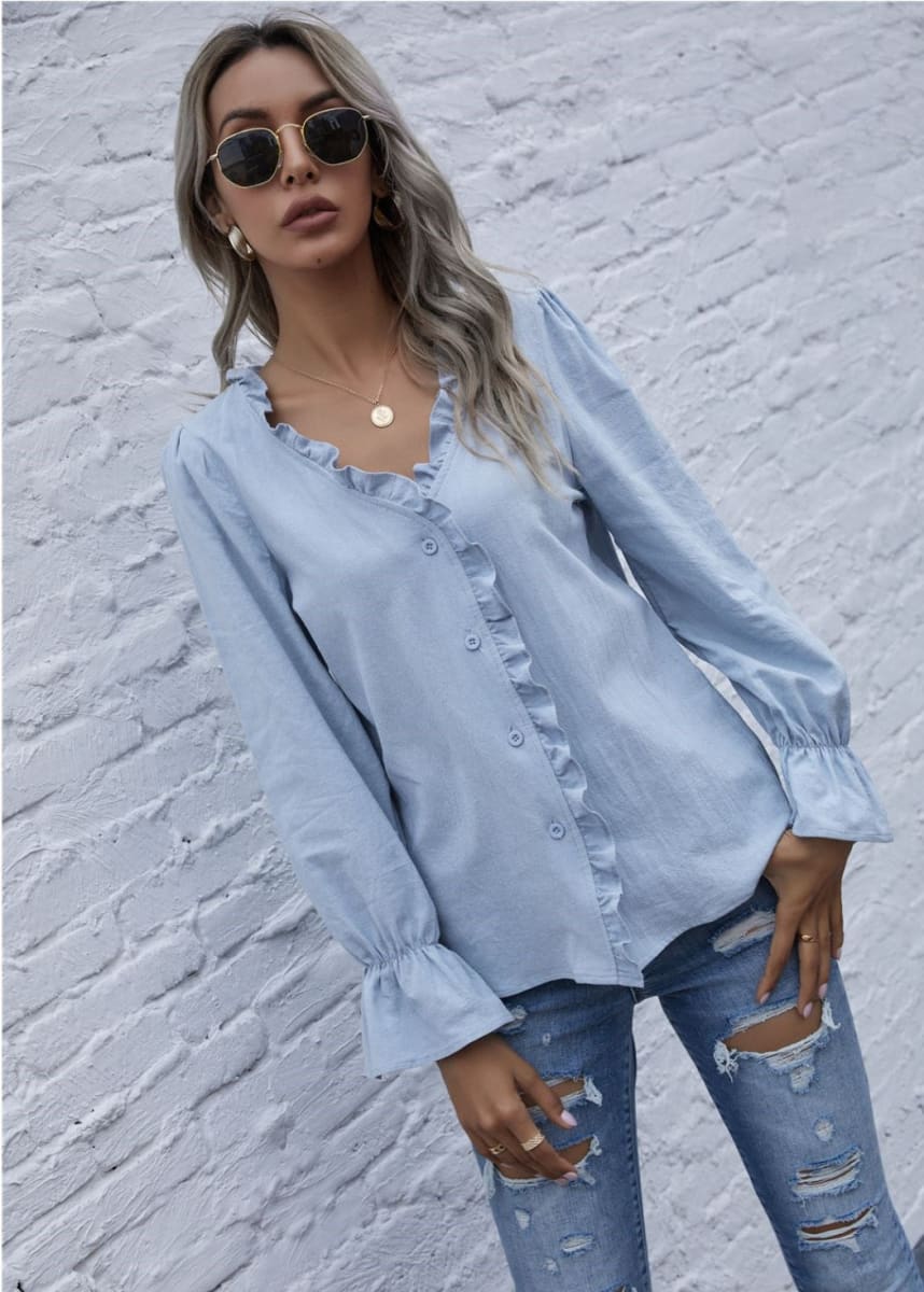 Ruffle Trim Button Down Blouse