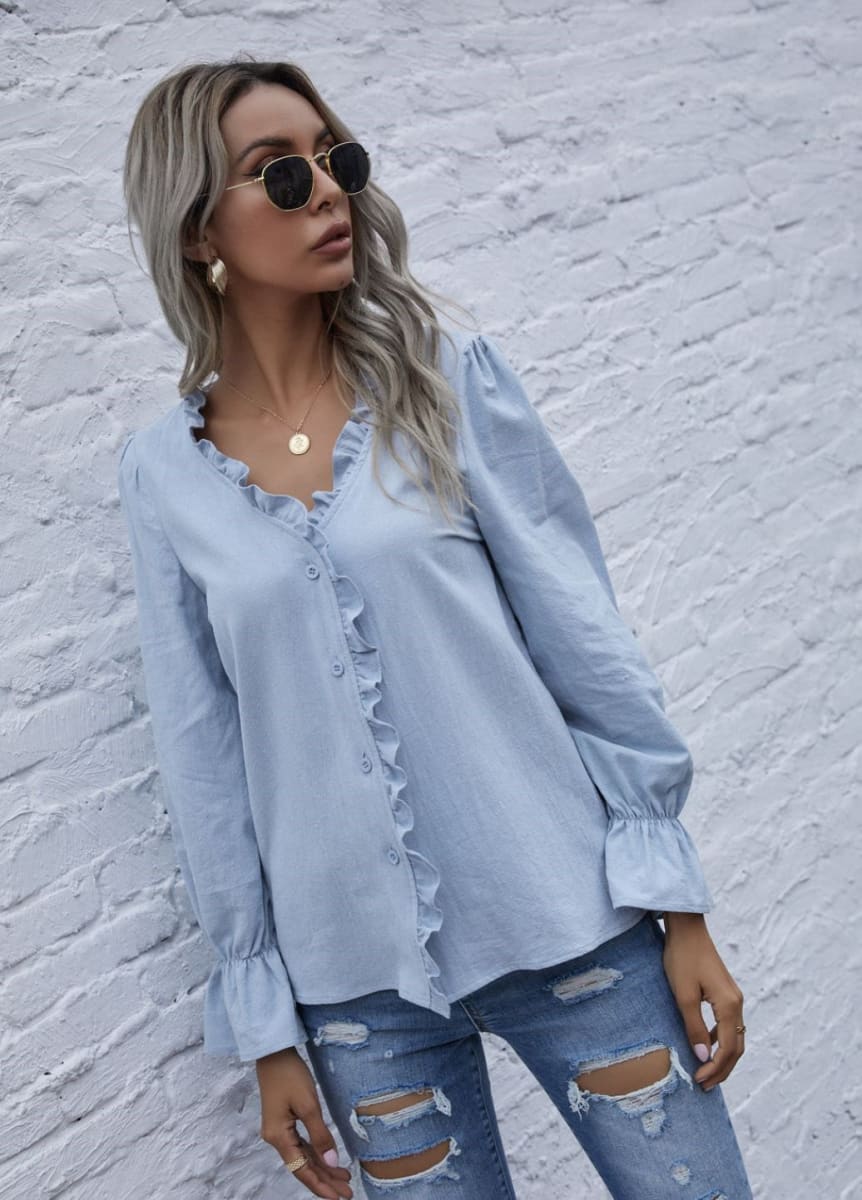 Ruffle Trim Button Down Blouse