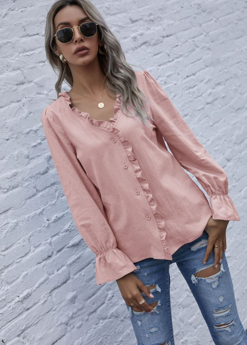 Ruffle Trim Button Down Blouse