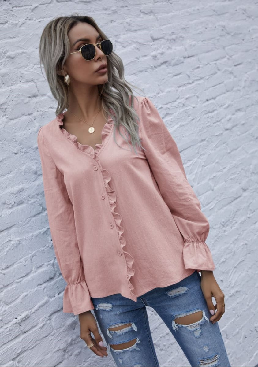 Ruffle Trim Button Down Blouse