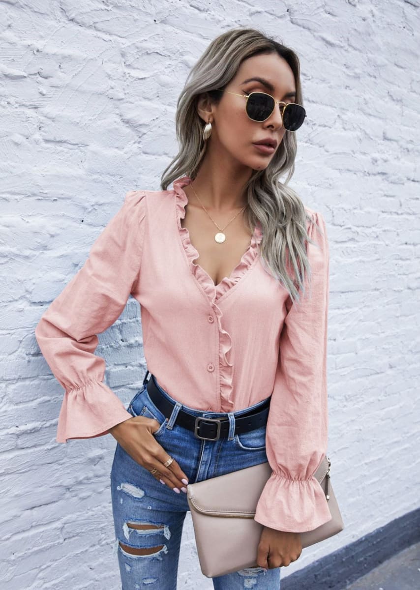 Ruffle Trim Button Down Blouse