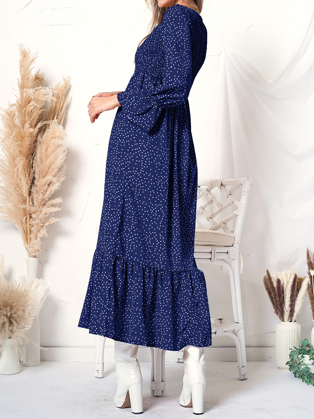 Smocked Chest Floral Dotted Dress