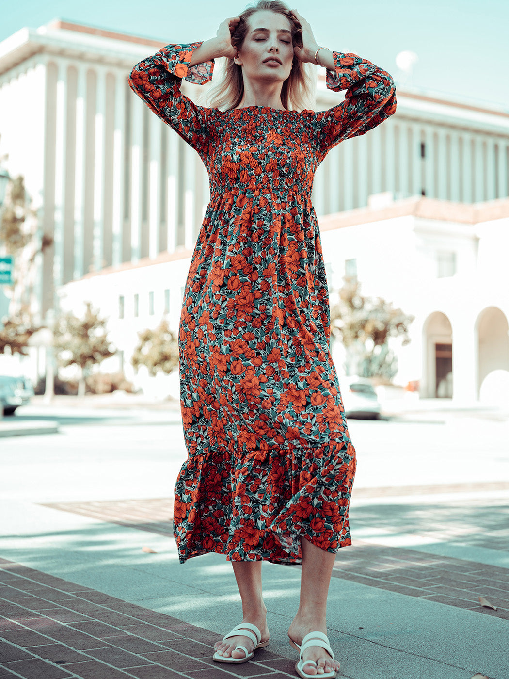 Smocked Chest Floral Dotted Dress
