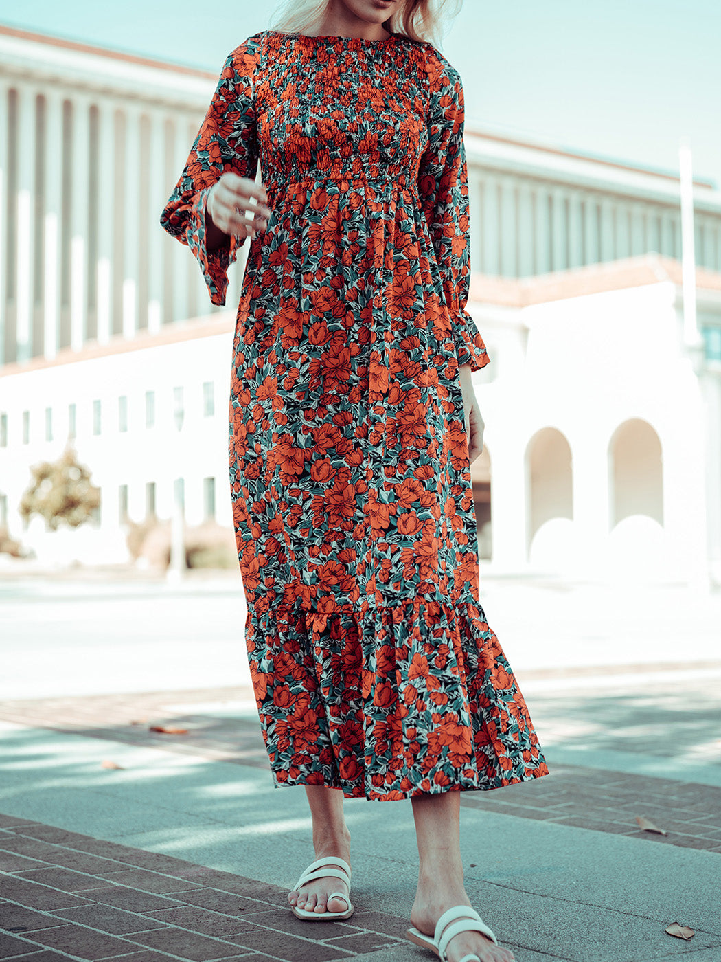 Smocked Chest Floral Dotted Dress