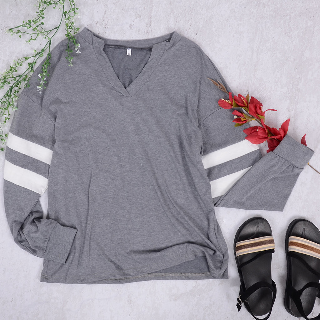 V Neck Striped Sleeve Sweater