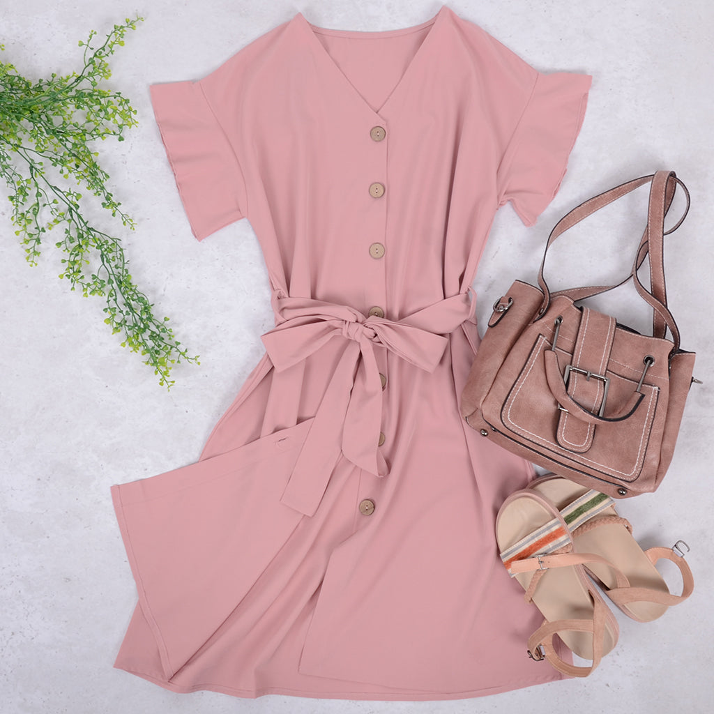 Button Down Ribbon Belt Dress